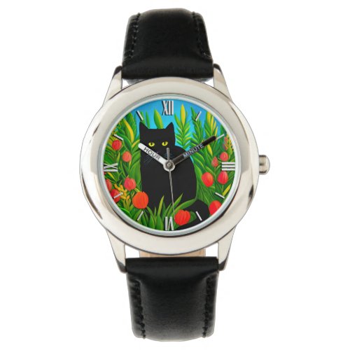 Little Black Cat in a Tulip Garden Watch