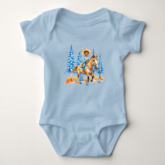Little Black Cowboy On Horse Winter Scene  Baby Bodysuit (Front)