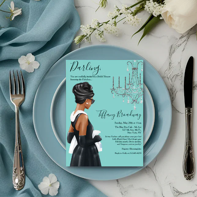Little Black Dress Blue Glam Bridal Shower Invitation | Zazzle