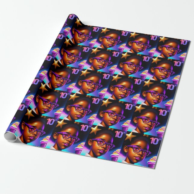 Little Black Girl 10th Birthday Coaster Wrapping Paper (Unrolled)