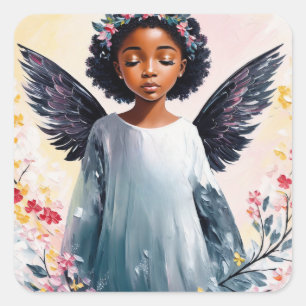Little Black Girl Angel Floral Art Square Sticker