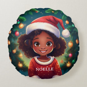 Little Black Girl Christmas Santa Hat Round Pillow