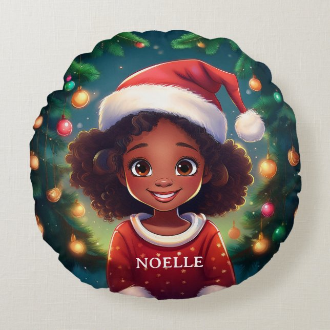 Little Black Girl Christmas Santa Hat Round Pillow (Front)