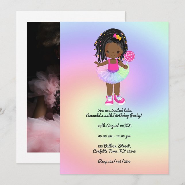 Little Black Girl Colorful Tutu Birthday Party Invitation (Front/Back)
