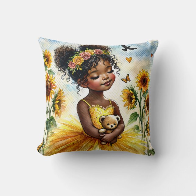 Little Black Girl With Sunflowers and Teddy Bear Throw Pillow (Front)