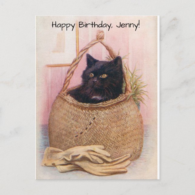 Little Black Kitty in Basket Near Gardening Gloves Postcard (Front)