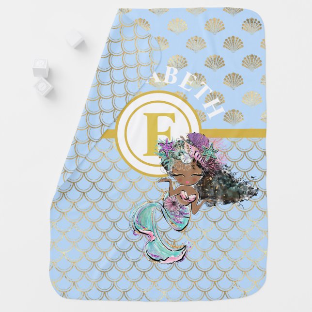 Little Black Mermaid Blue Scales Monogram Girls Baby Blanket (In Situ)