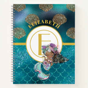 Little Black Mermaid Blue Scales Monogram Girls Notebook