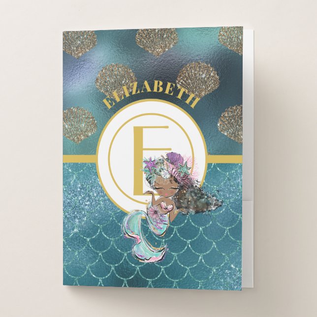 Little Black Mermaid Blue Scales Monogram Girls Pocket Folder (Front)