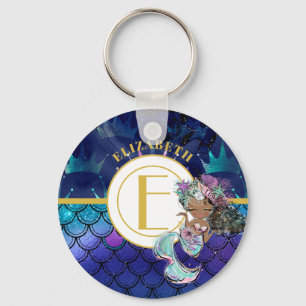 Little Black Mermaid Blue Scales Monogram Named Keychain