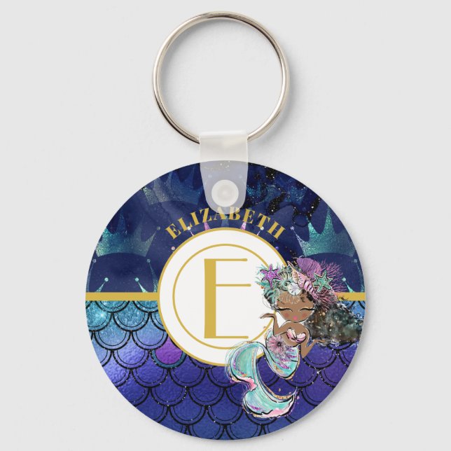 Little Black Mermaid Blue Scales Monogram Named Keychain (Front)