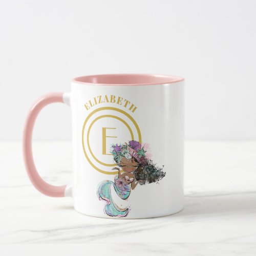 Little Black Mermaid Blue Scales Monogram Named Mug