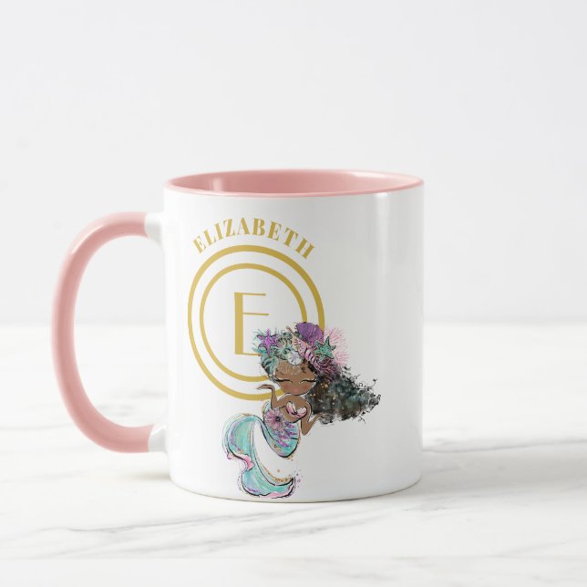 Little Black Mermaid Blue Scales Monogram Named Mug (Left)