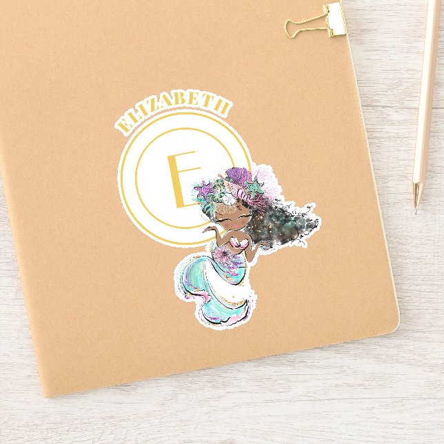 Little Black Mermaid Blue Scales Monogram Named Sticker (Notebook)