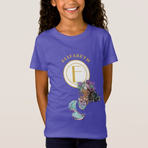 Little Black Mermaid Pretty Blue Gold Monogram T_Shirt