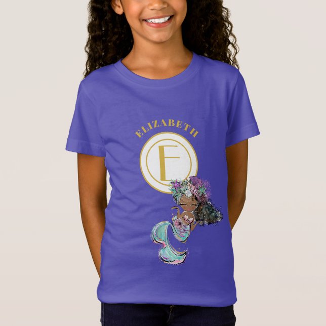 Little Black Mermaid Pretty Blue Gold Monogram T-Shirt (Front)