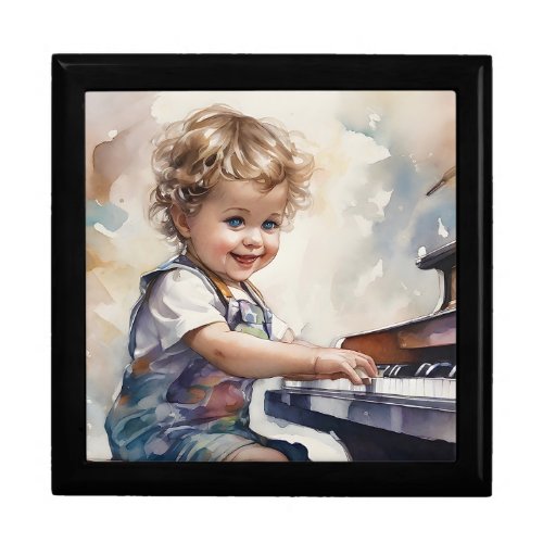 Little Blond Boy Piano Watercolor Illustration Gift Box