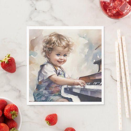 Little Blond Boy Piano Watercolor Illustration Napkins