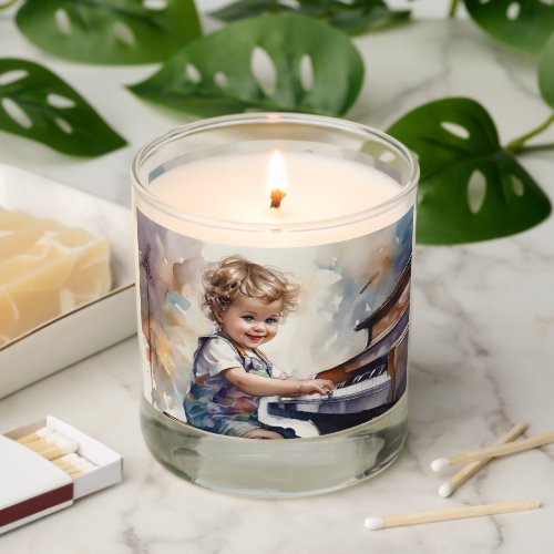 Little Blond Boy Piano Watercolor Illustration Scented Candle