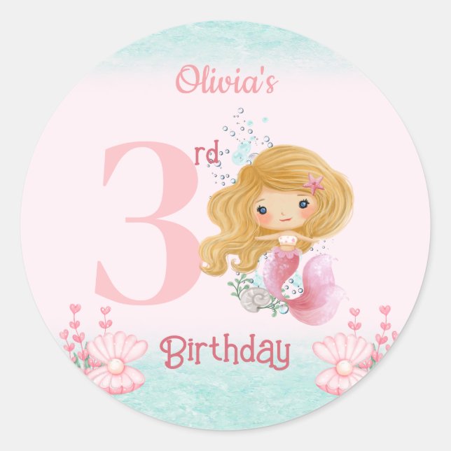 Little Blond Mermaid Pink Girl Birthday Classic Round Sticker (Front)