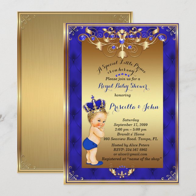 Little Blond Prince Baby Shower Invitation,Navy Invitation (Front/Back)