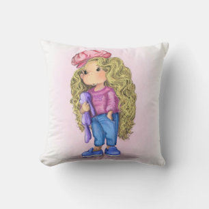 Little Blonde Girl Bunny Toy Throw Pillow