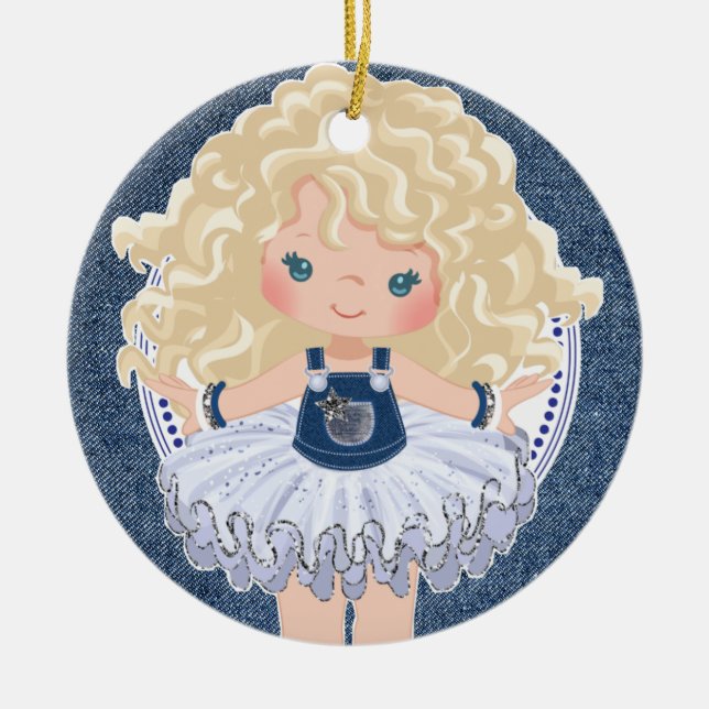 Little Blonde Girl Denim & Diamonds Christmas Ceramic Ornament (Front)