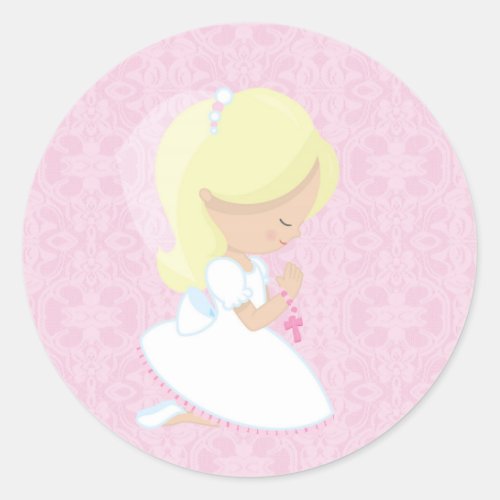 Little Blonde Girl Pink First Communion Classic Round Sticker