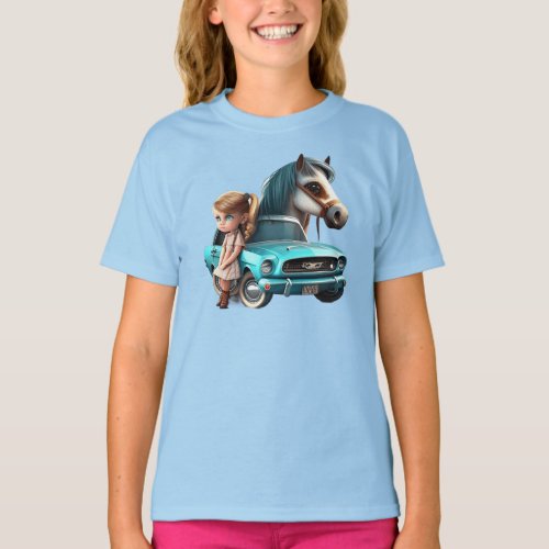 Little Blonde Girl With Mustang Car Pony Horse T_Shirt
