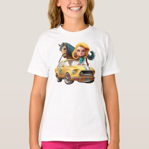 Little Blonde Girl With Mustang Car Pony Horse T_Shirt