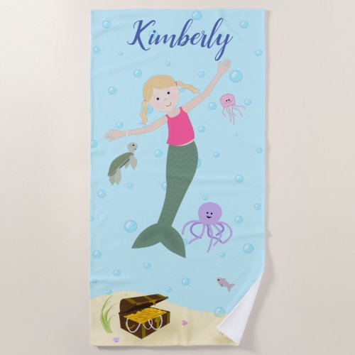 Little Blonde Mermaid Personalized Beach Towel