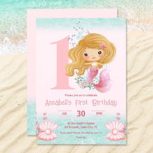 Little Blonde Mermaid Pink 1st Birthday Invitation