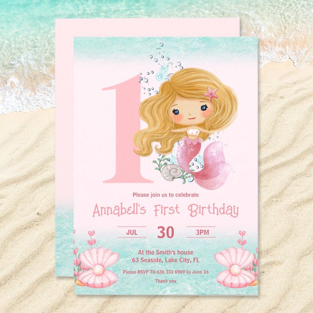 Little Blonde Mermaid Pink 1st Birthday Invitation (1st Birthday invitation with a cute mermaid )
