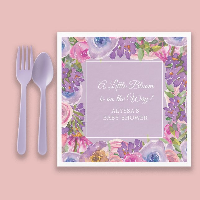 Little Bloom Purple Pink Floral Baby Girl Shower Napkins (Pink and purple watercolor floral "A little bloom" baby girl shower paper napkins)
