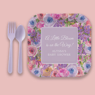 Little Bloom Purple Pink Floral Baby Girl Shower Paper Plates