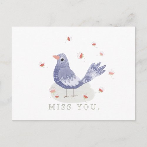 Little Blue Bird and Flowers Miss You Postcard