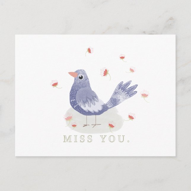Little Blue Bird and Flowers Miss You Postcard (Front)