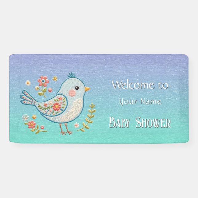 Little Blue Bird Floral Baby Shower Banner (Horizontal)