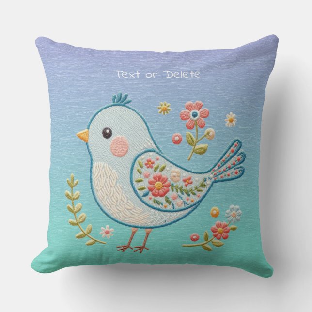 Little Blue Bird Floral Throw Pillow (Front)