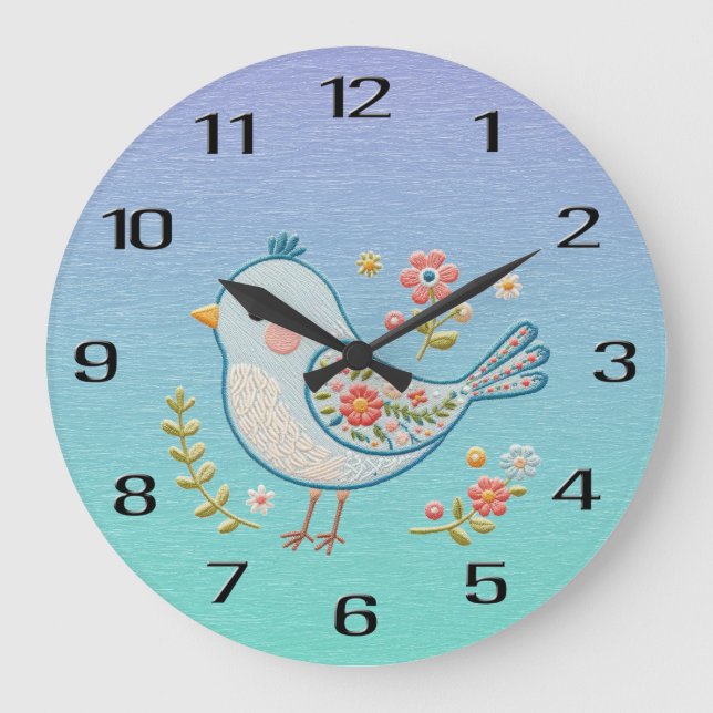 Little Blue Bird Floral Wall Clock (Front)