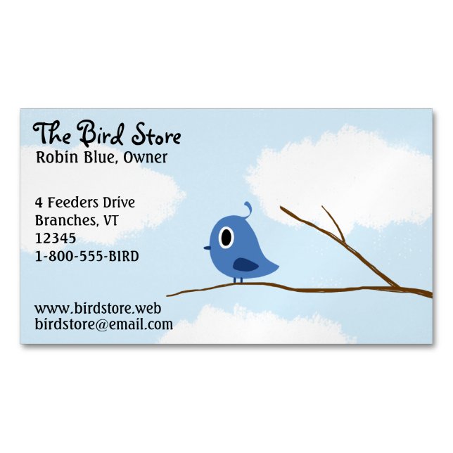 Little Blue Bird On A Tree Branch Magnetic Business Card (Front)