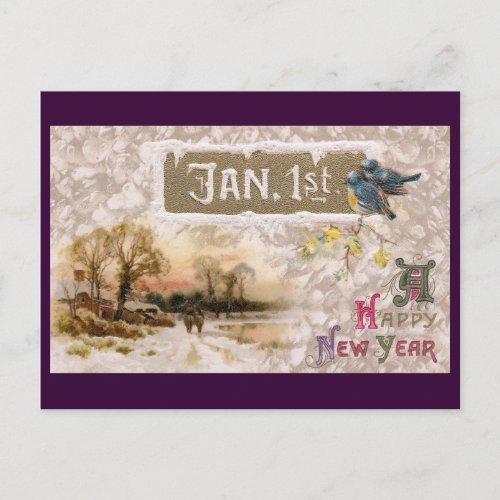 Little Blue Birds Tweet the New Year Holiday Postcard