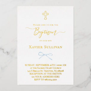 little blue bow Baptism Foil Invitation