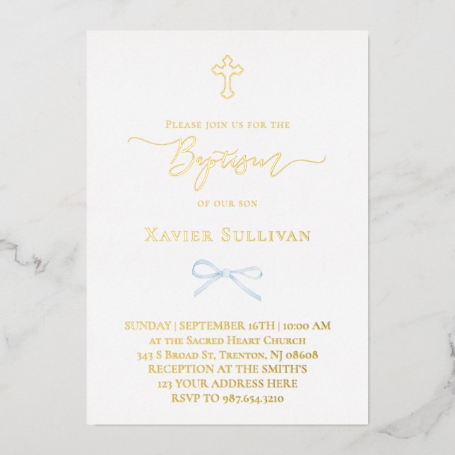 little blue bow Baptism Foil Invitation (Front)