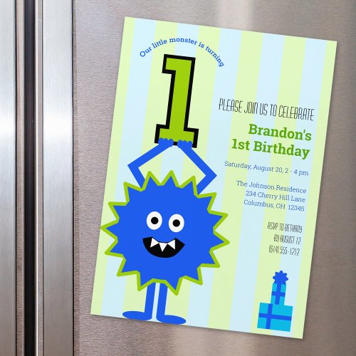 Little Blue Boy Monster 1st Birthday Cute Magnetic Invitation