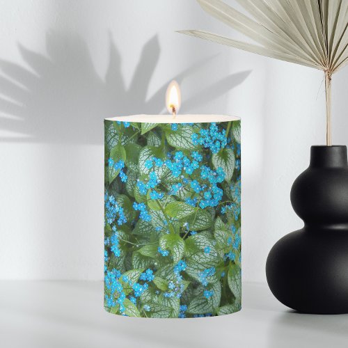 Little Blue Brunnera Flowers Floral Pillar Candle