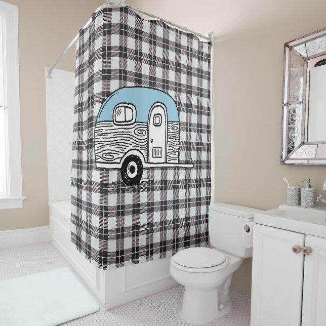 LITTLE BLUE CAMPER SHOWER CURTAIN (In Situ)