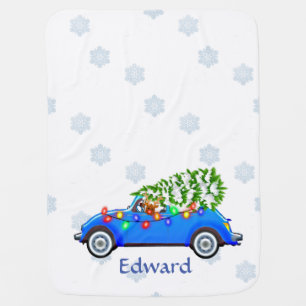 Little Blue Car & Tree Christmas Custom Baby Blanket
