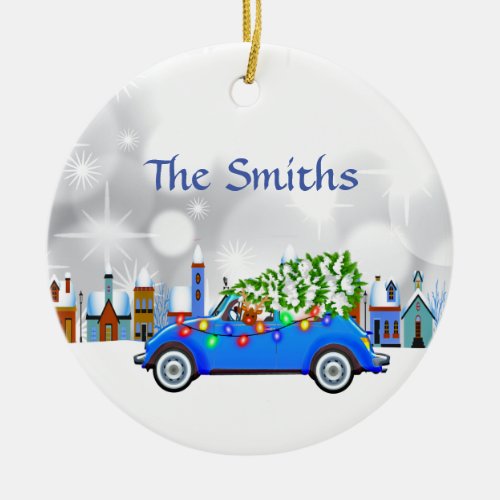 Little Blue Car  Tree Christmas Custom Ceramic Ornament