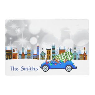 Little Blue Car & Tree Christmas Custom Placemat